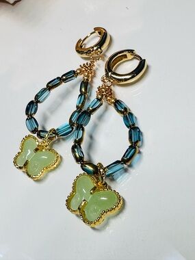 Aquamarine crystals Earrings and  Butterfly Charms